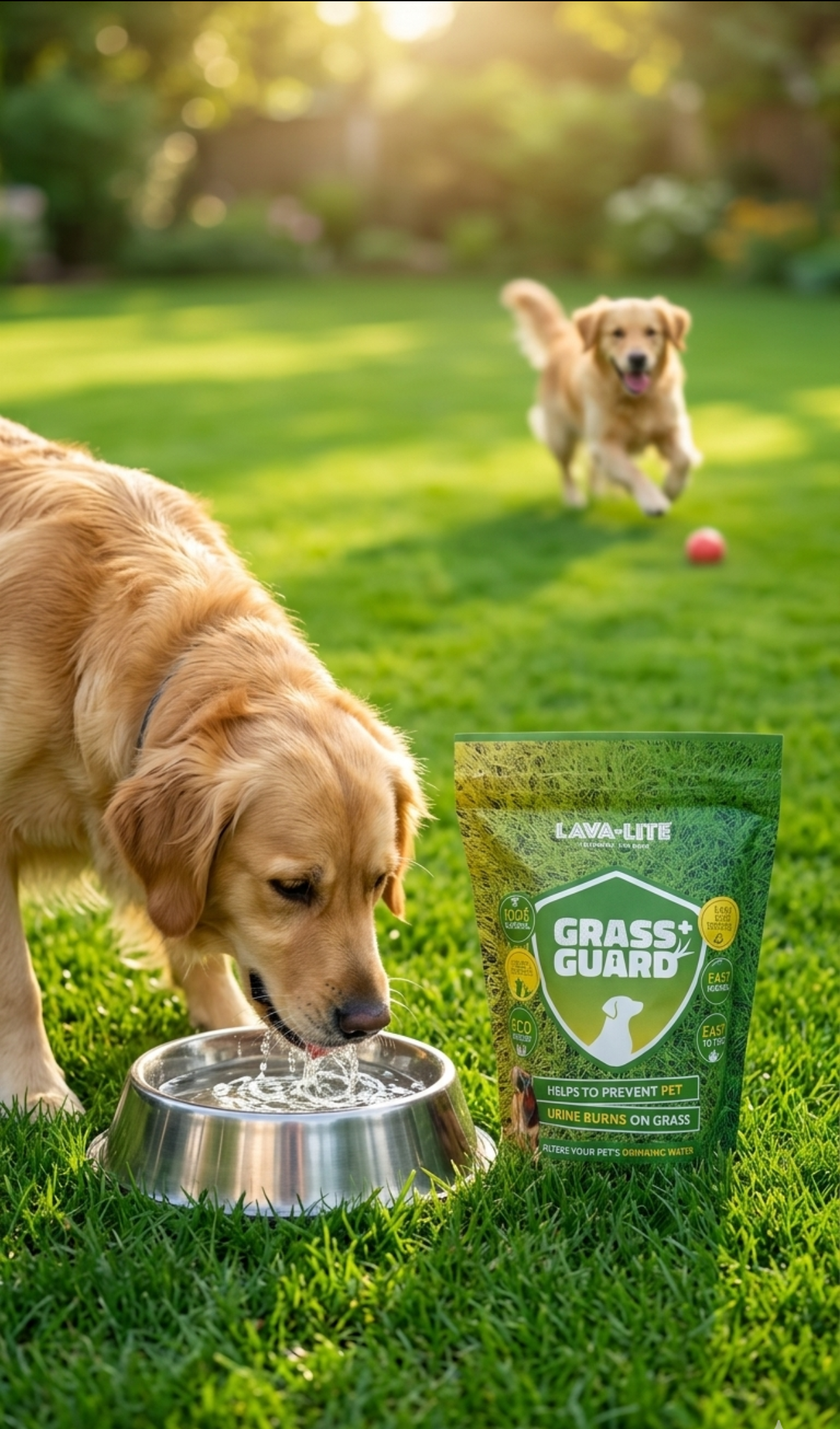 A golden retriever standing at a water bowl on a lawn, with a pouch of LAVA-LITE Grass Guard+ on the grass nearby