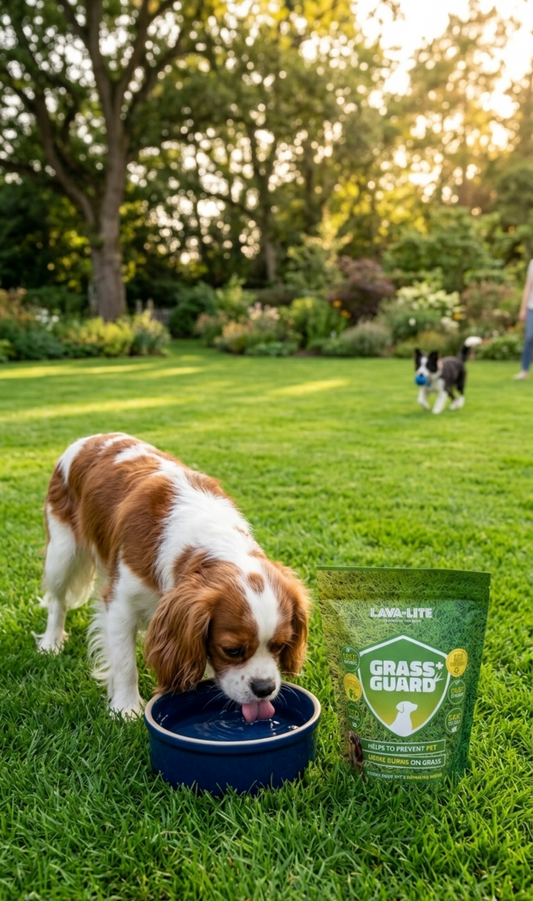 A dog drinking water from a bowl on a lawn, with a pouch of LAVA-LITE Grass Guard+ lawn burn prevention minerals beside it