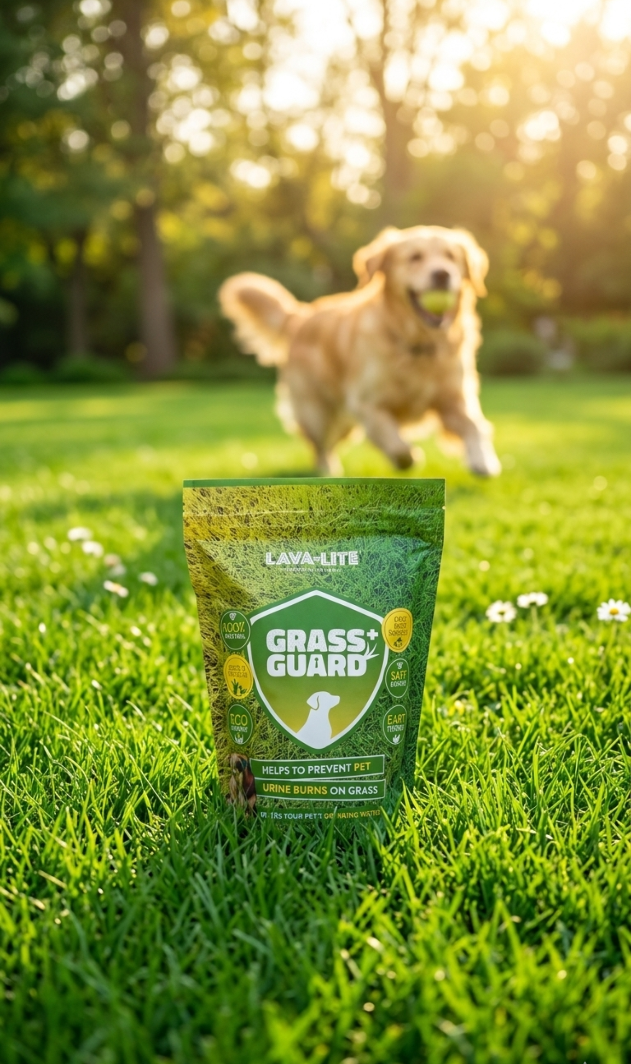 A pouch of LAVA-LITE Grass Guard+ standing on a lawn in a park, with a golden retriever running in the background